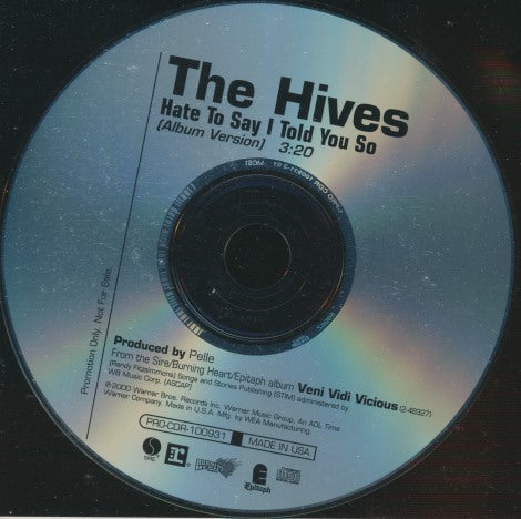 The Hives: Hate To Say I Told You So 1-Track Promo w/ Back Artwork
