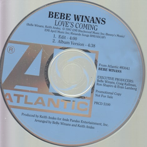 Bebe Winans: Love's Coming 2-Track Promo w/ Back Artwork