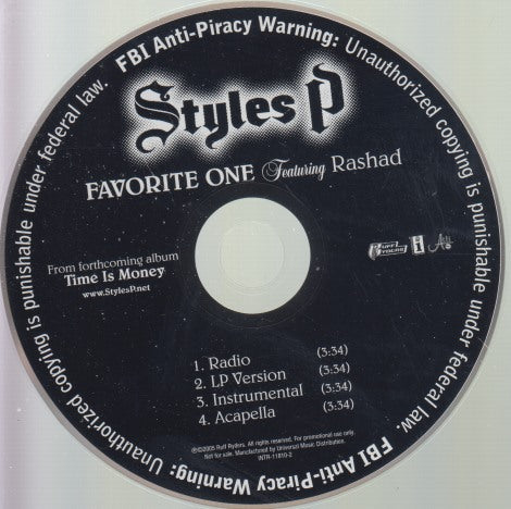Styles P: Favorite One 4-Track Promo w/ Back Artwork