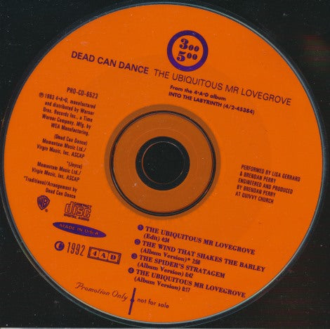 Dead Can Dance: The Ubiquitous Mr Lovegrove 4-Track Promo w/ Back Artwork