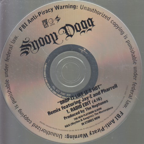 Snoop Dogg: Drop It Like It's Hot: Remix 1-Track Promo w/ Back Artwork