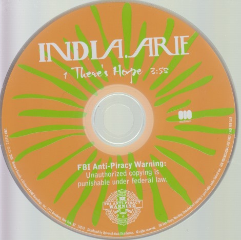 India.Arie: There's Hope 1-Track Promo w/ Back Artwork