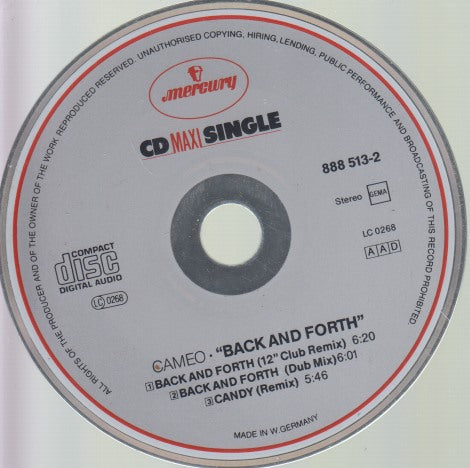 Cameo: Back And Forth 3-Track Germany Maxi-Single w/ No Artwork
