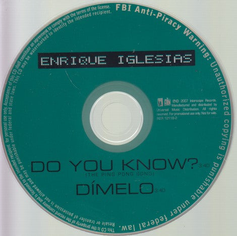 Enrique Iglesias: Do You Know? (The Ping Pong Song) / Dimelo 2-Track Promo w/ No Artwork