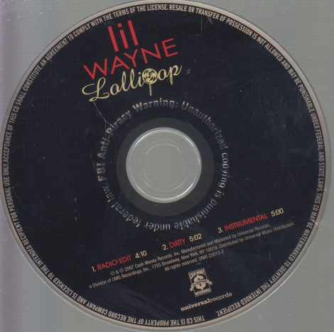 Lil Wayne: Lollipop 3-Track Promo w/ No Artwork
