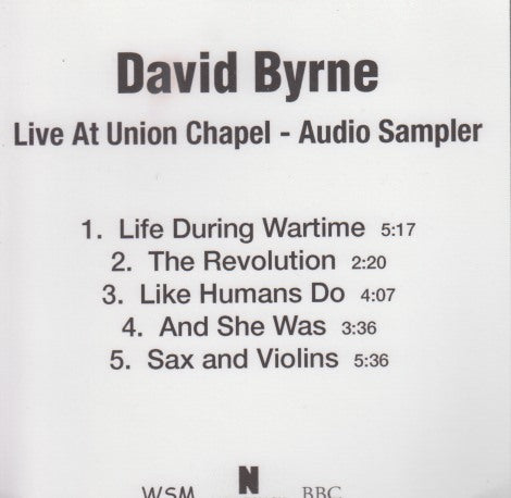 David Byrne: Live At Union Chapel: Audio Sampler 5-Track Promo w/ Front Artwork