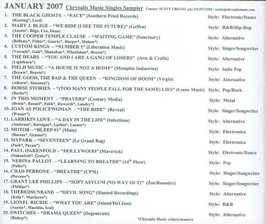 Chrysalis Music Singles Sampler January 2007 Promo