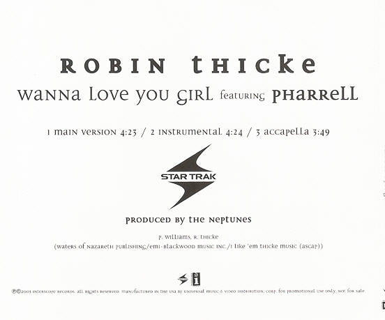 Robin Thicke Featuring Pharrell Williams: Wanna Love You Girl 3-Track Promo w/ Back Artwork
