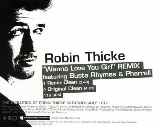 Robin Thicke: Wanna Love You Girl Remix 2-Track Promo w/ Back Artwork