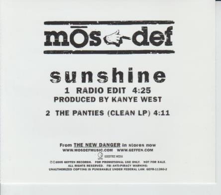 Mos Def: Sunshine 2-Track Promo w/ Back Artwork