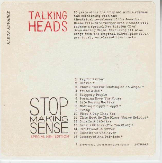 Talking Heads: Stop Making Sense Special New Edition Promo w/ Artwork