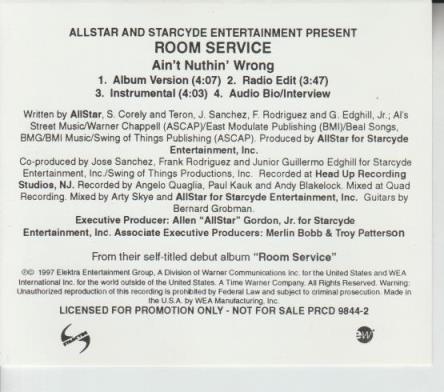 Room Service: Ain't Nuttin' Wrong  PRCD 9844 Promo