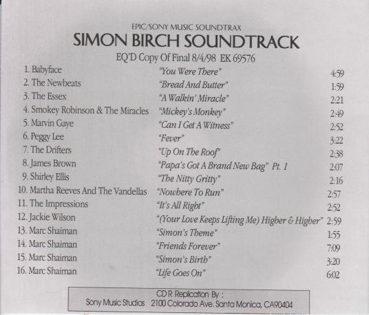 Simon Birch Soundtrack Promo Advance w/ Artwork
