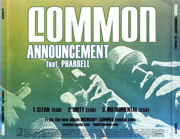 Common: Announcement GEFR-124722 3-Track Promo w/ Back Artwork - NeverDieMedia