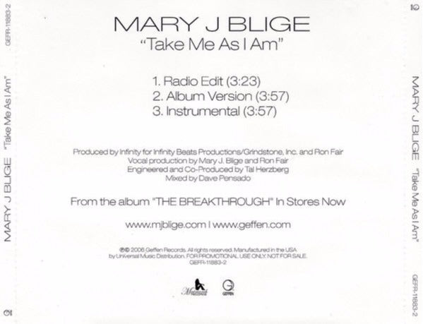 Mary J. Blige: Take Me As I Am 3-Track Promo w/ Back Artwork