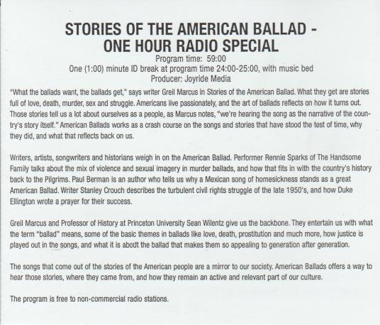 Stories Of The American Ballad: One Hour Radio Special