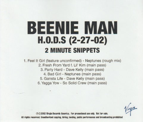 Beenie Man: H.O.D.S (2-27-02) 2 Minute Snippets Promo