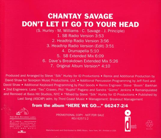 Chantay Savage: Don't Let It Go To Your Head Promo w/ Back Artwork