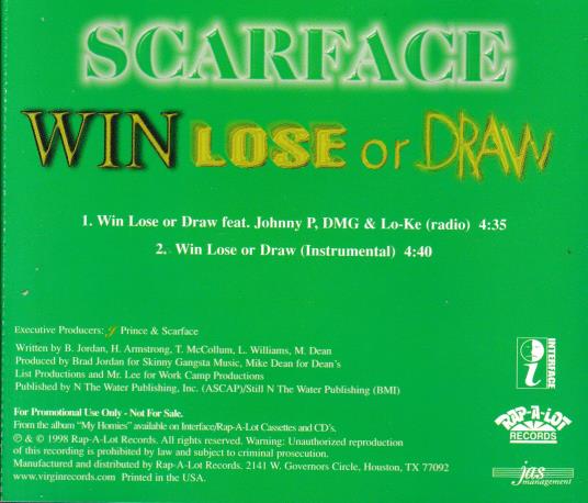 Scarface: Win Lose Or Draw Promo w/ Back Artwork